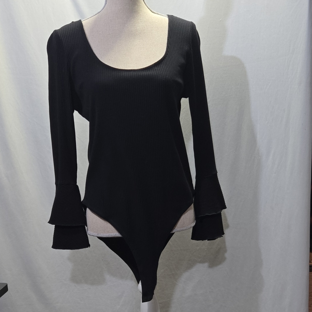 Eloquii Black Ribbed Bodysuit with Flared Sleeves